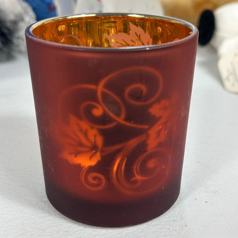 Yankee Candle Votive Holder Red Gold Autumn Leaf Frosted Mercury Glass Decor